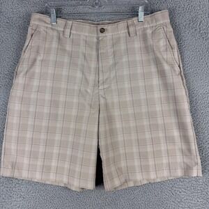 IZOD XFG Shorts Mens 36 Tan Beige Plaid Performance Golf‎ Flat Front Polyester